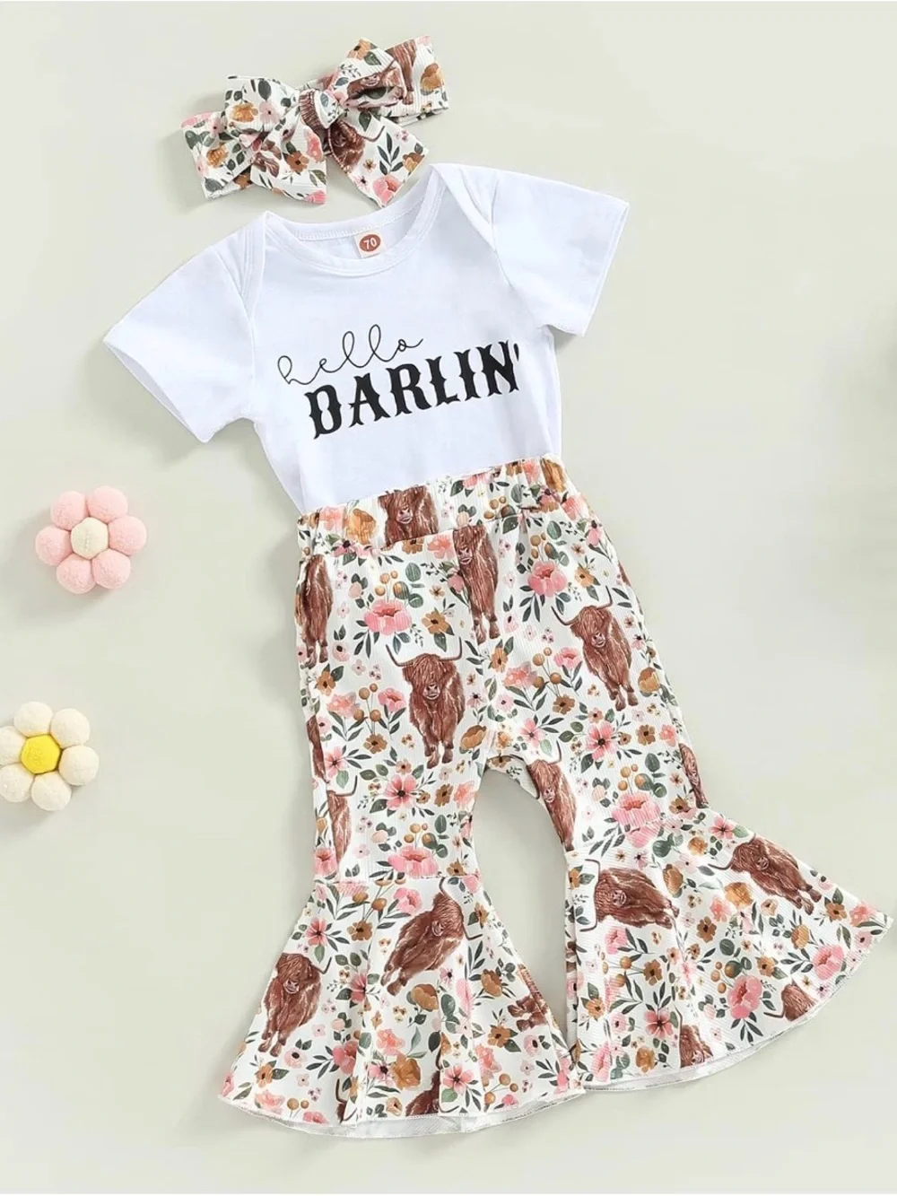 12-18🤠3pc Western Cowgirl Outfit White Bodysuit & Highland Cow Floral Flare Pant